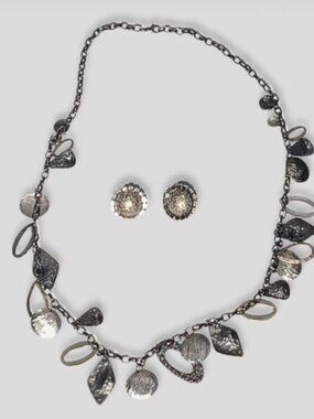 Vintage Mixed Metal Chain Necklace Clip On Earrings Set